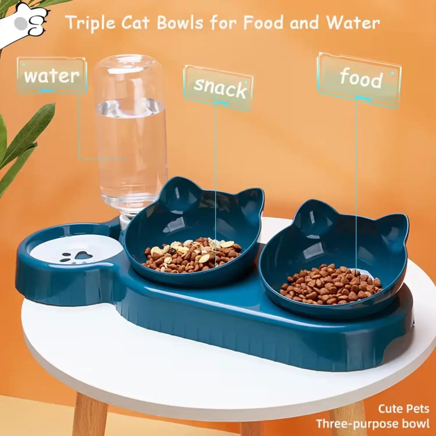 3-in-1 Tilted Pet Bowl Feeder for Cats - Deep Blue / M
