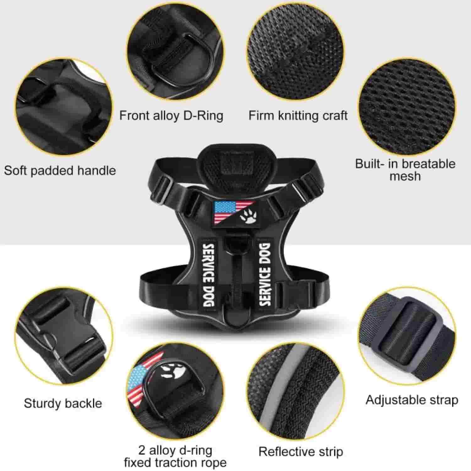 Reflective service dog harness features