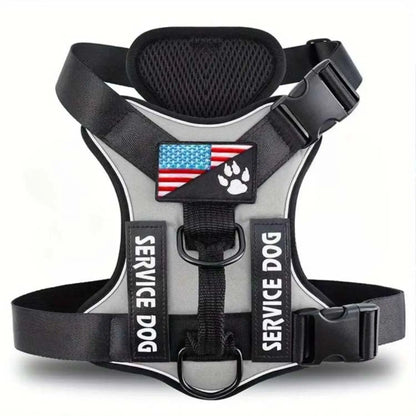 Reflective Service Dog Harness with 5 Patches - Adjustable and Comfortable Fit - Gray / XS - Dog Harness