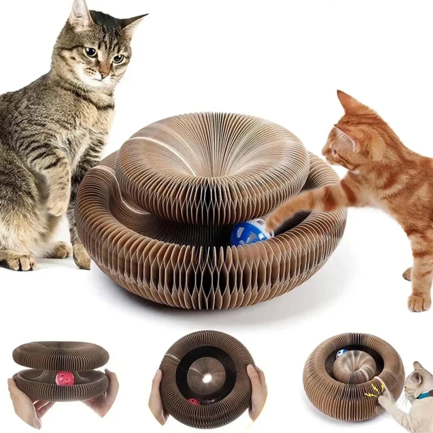 Round Cat Scratcher Toy with Interactive Ball Track - Camel